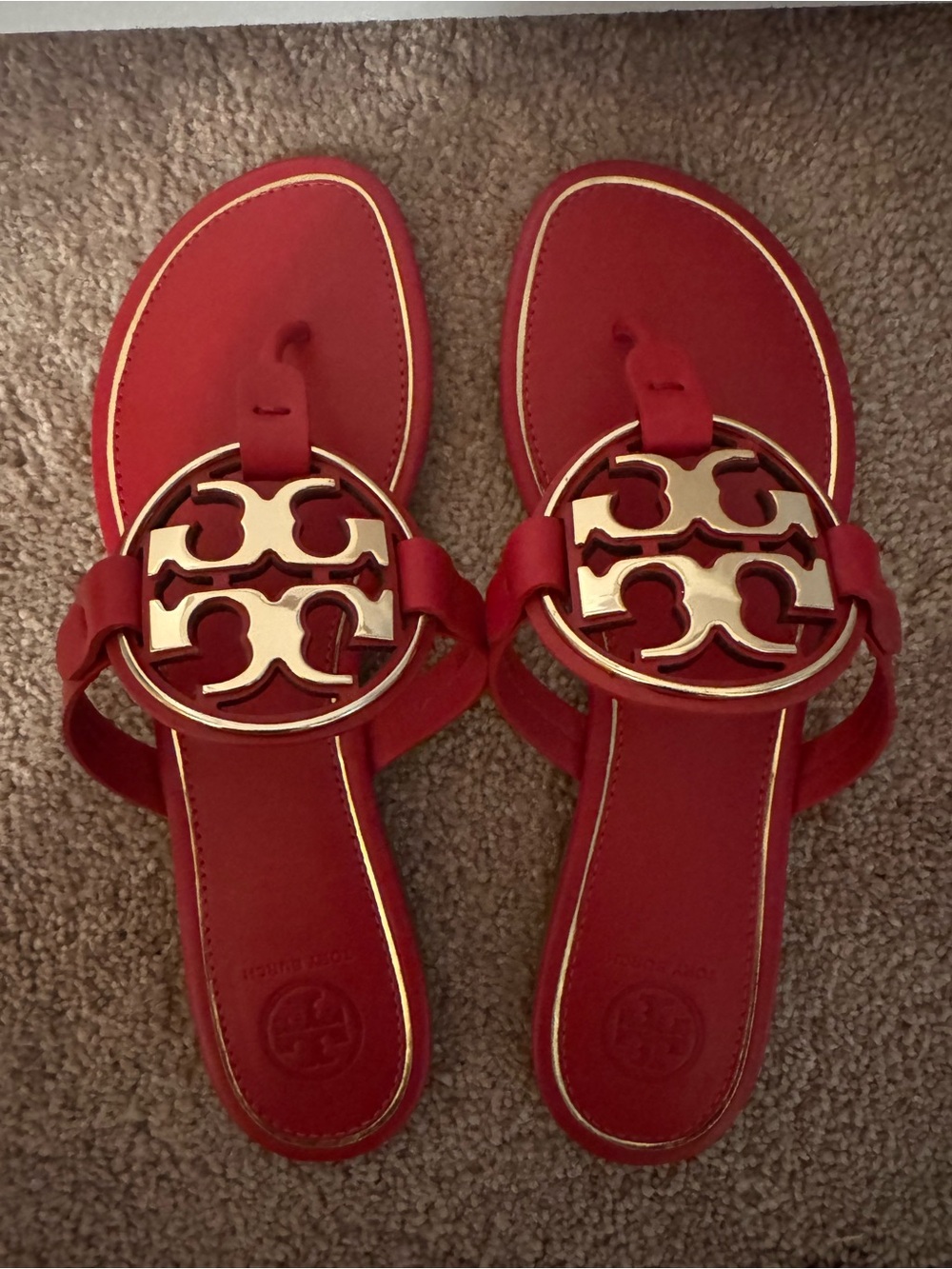 Tory Burch Red Leather Sandals with Gold Logo Medallions Size 9 NEW